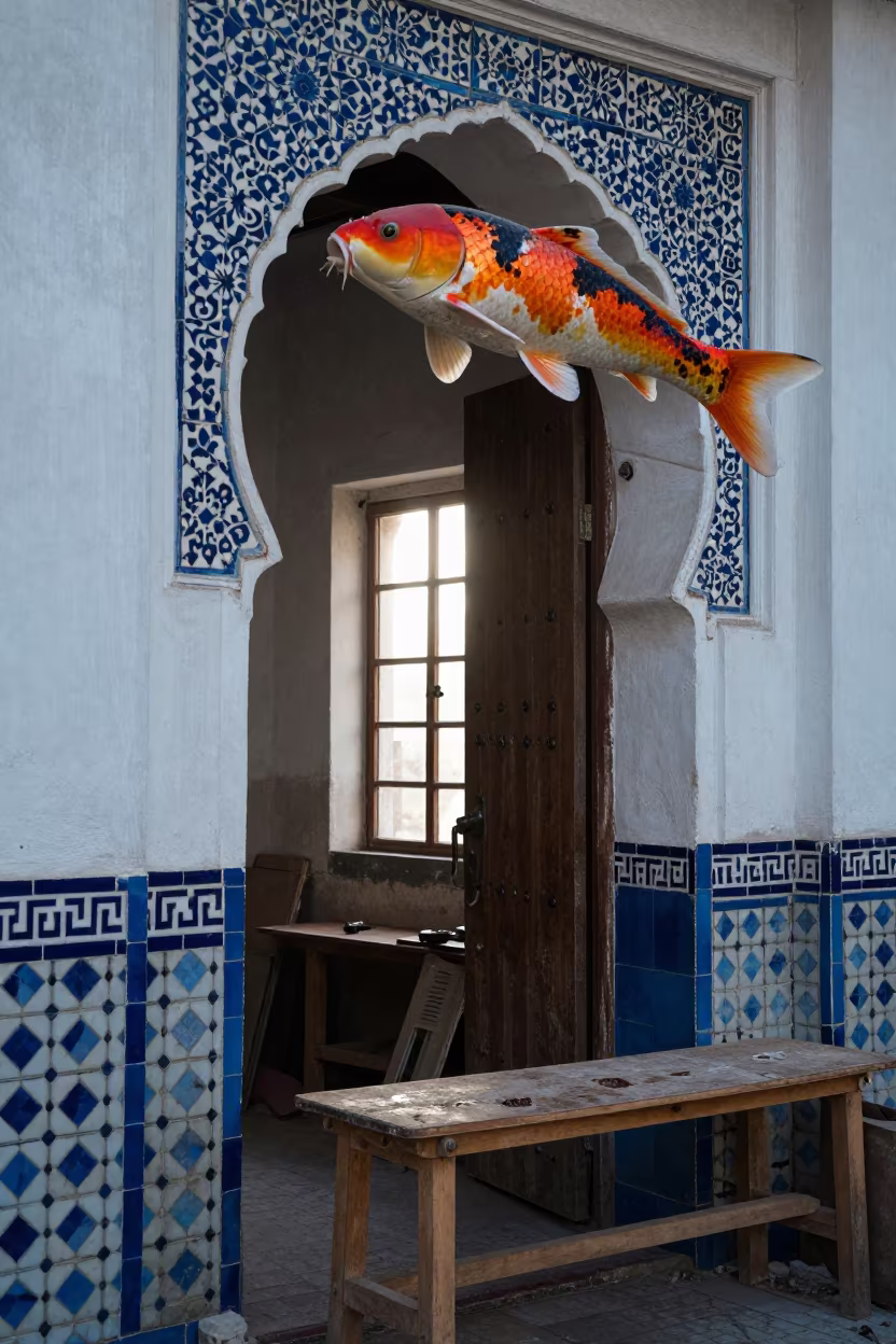 Moroccan Kasbah Gate with Giant Koi Balloon in on a workshop shelf in Faisalabad