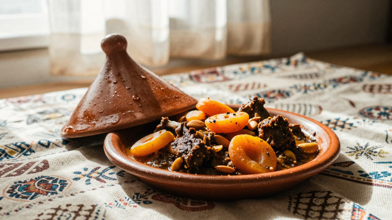 Moroccan Lamb Tagine with Apricots and Almonds in on a picnic blanket in Tampa
