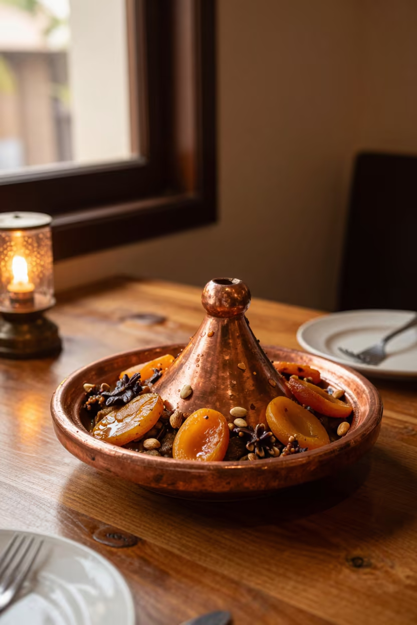 Moroccan Lamb Tagine with Apricots and Almonds in at a roadside diner table in Visakhapatnam