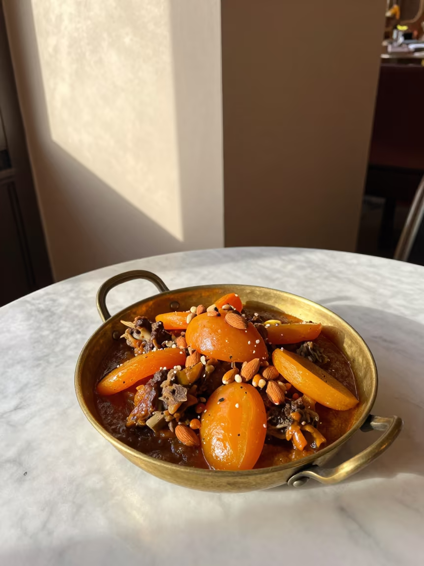 Moroccan Lamb Tagine with Apricots and Almonds in on a marble cafe table in Yokohama