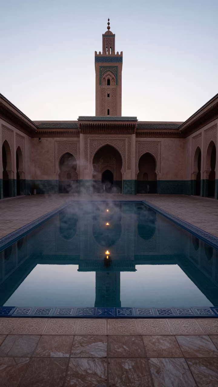 Moroccan Mosque Pool Reflects Minaret at Twilight in at the edge of a sacred pool in Morocco