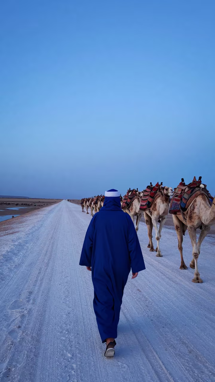 Moroccan Nomad Camel Caravan Blue Hour in on a wind-open causeway in Morocco