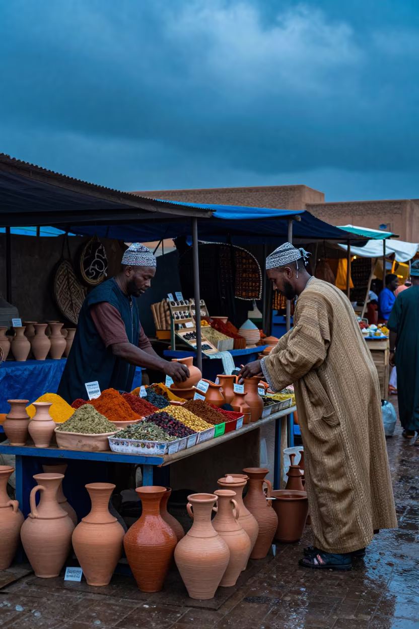 Moroccan Pottery Vendor in Soubré Evening Market in at a spice vendor's table in Soubré