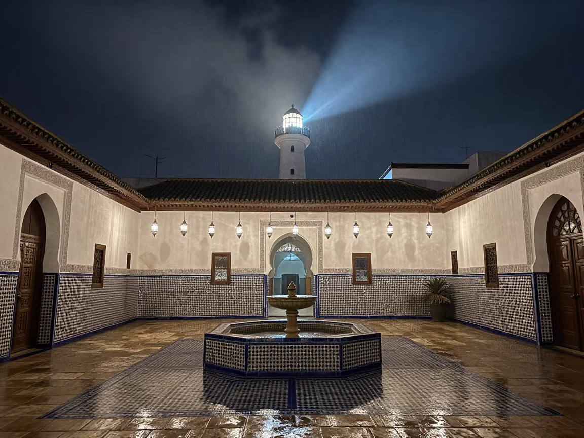 Moroccan Riad Lantern Gallery Night Fountain in in a courtyard prepared for breakfast service near Marrakech