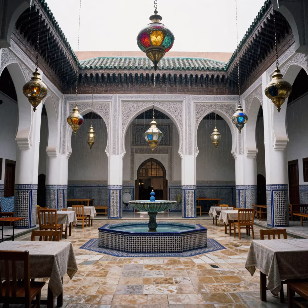 Moroccan Riad Lantern Gallery Over Tile Fountain in under a shaded inner courtyard arcade in Majorelle, Marrakech