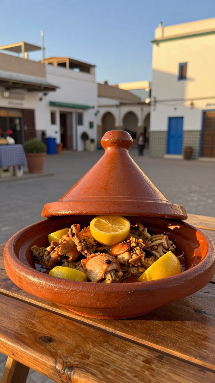 Moroccan Tagine in Essaouira at Honeyed Evening Light in in Essaouira, Morocco