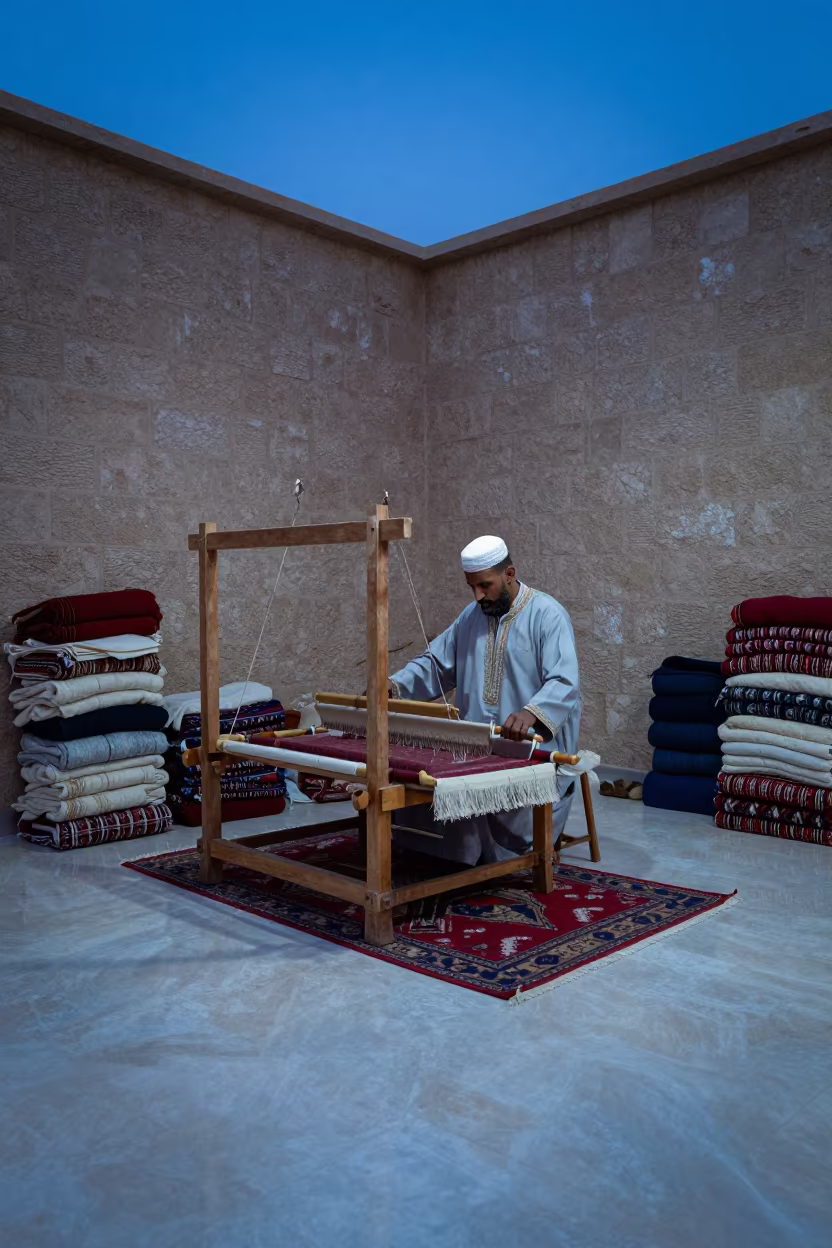 Moroccan Weaver in Muhanga Twilight Atelier in in an atelier in Muhanga