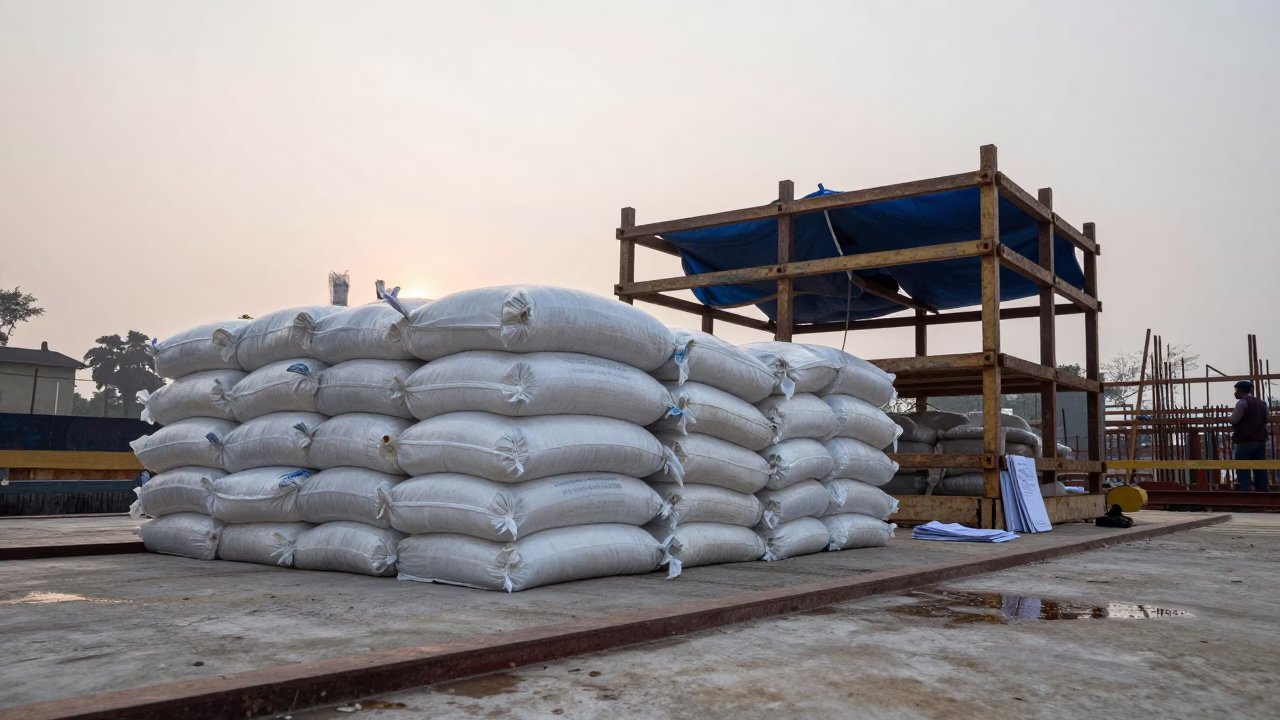 Mortar Bag Tarp Rack on Construction Deck Kathmandu in on an active construction deck in Ason, Kathmandu