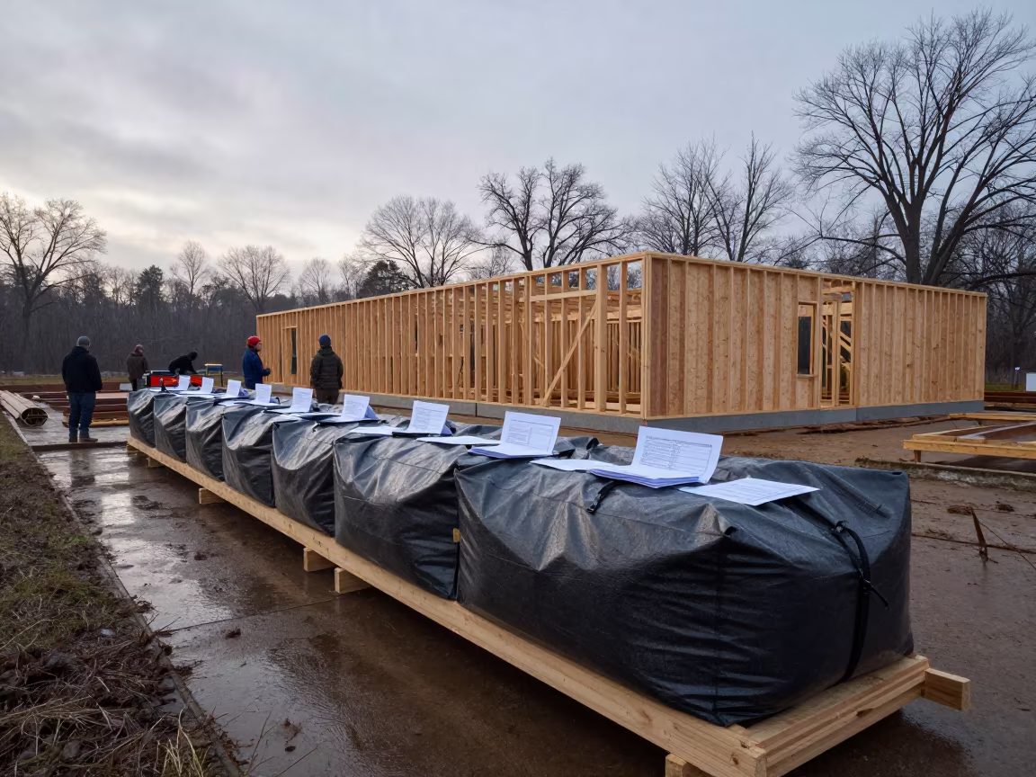 Mortar Bag Tarp Rack Before Dawn Huddle in beside a framed building shell in Ohio