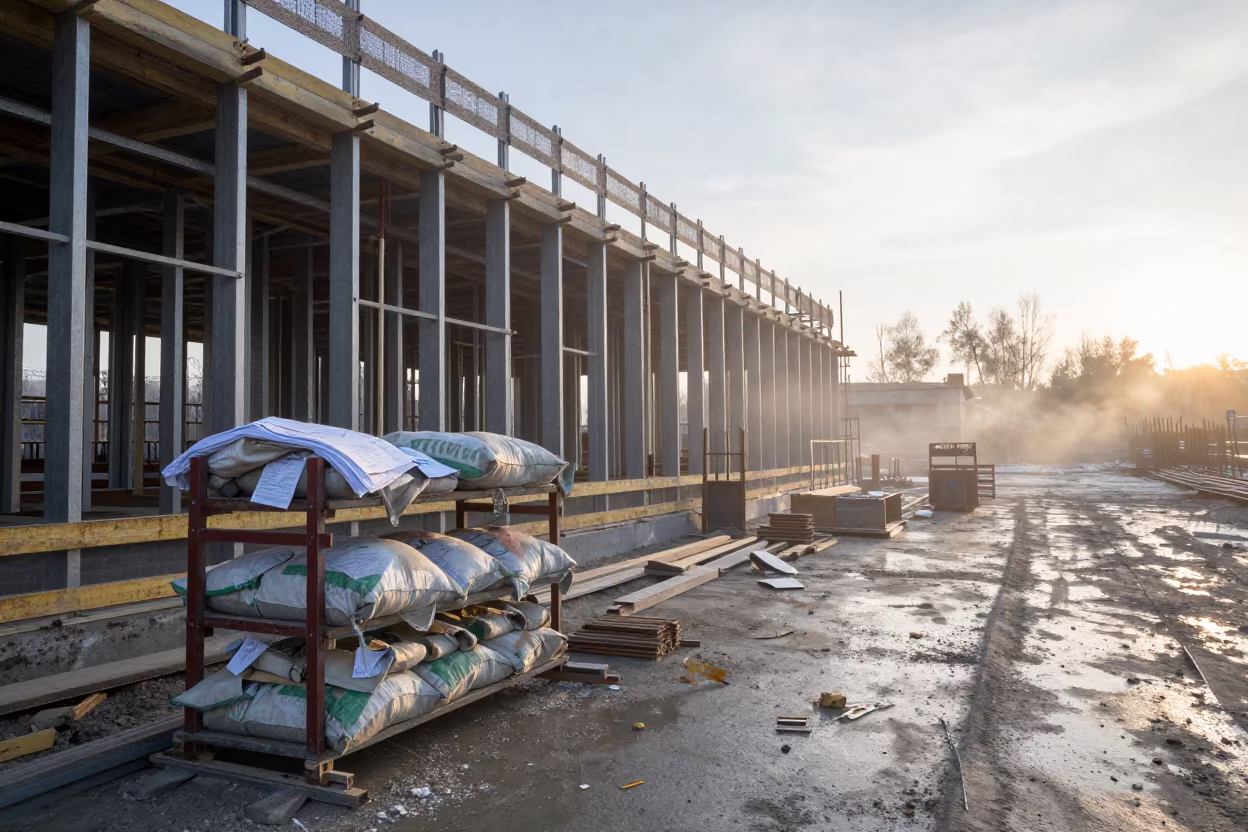 Mortar Bag Weather Tarp Rack Dawn Construction Site in beside a framed building shell near Kharkiv