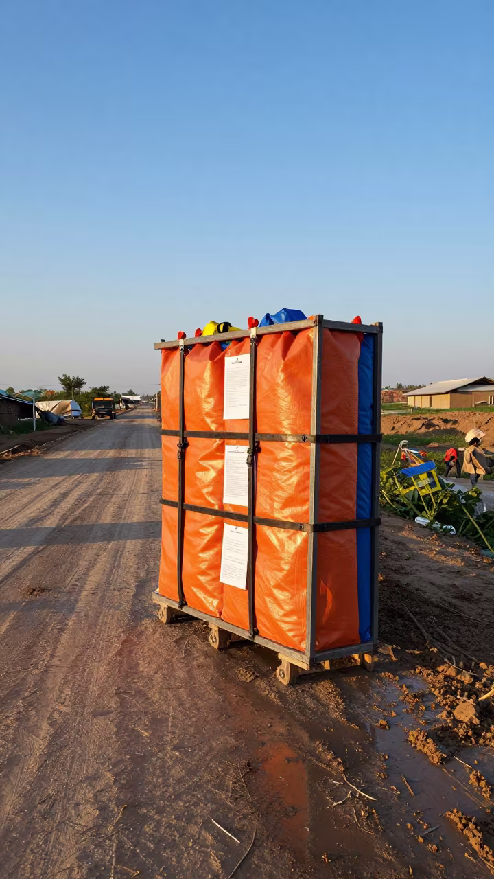 Mortar Bag Weather Tarp Rack at Karabuk Construction Site in at a muddy site access road in Karabük