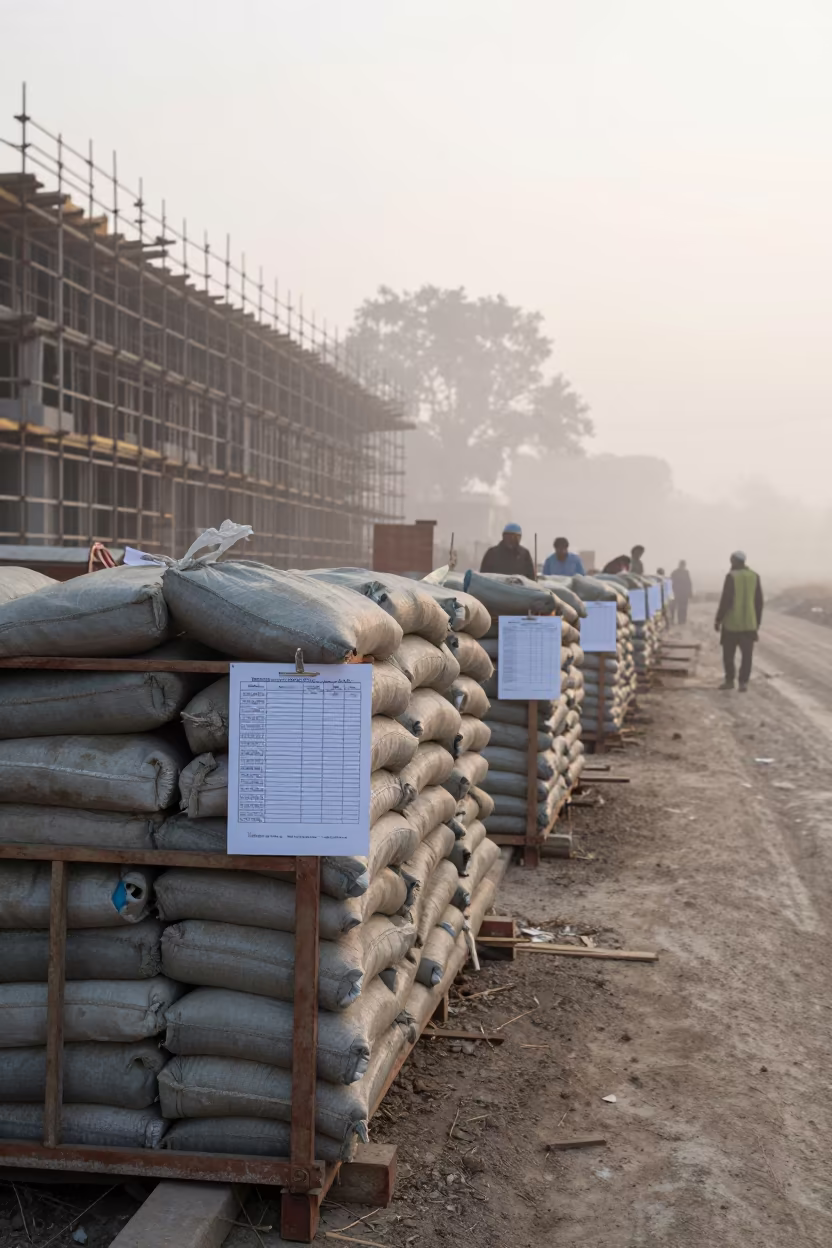 Mortar Bag Weather Tarp Rack in Misty Dawn in along a scaffolded facade in Khushab