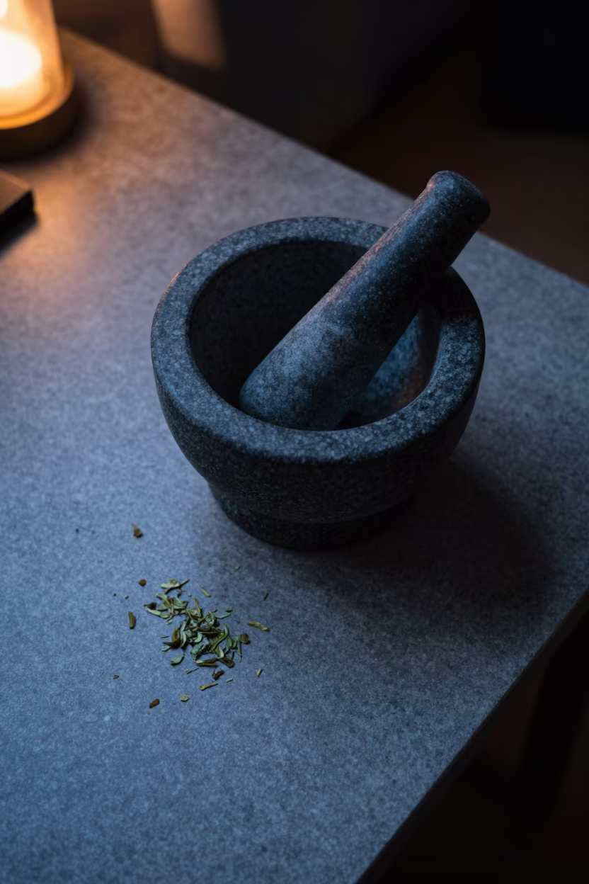 Mortar Pestle Soapstone Desk Twilight Herb Leaves in on a writing desk near St Johns