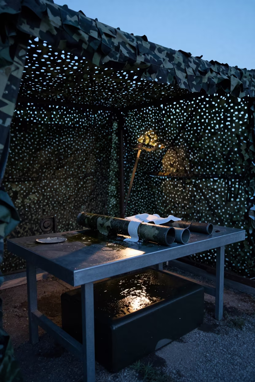 Mortar Tube Cleaning Table Under Camouflage Net in beneath a camouflage net shelter in Piedmont