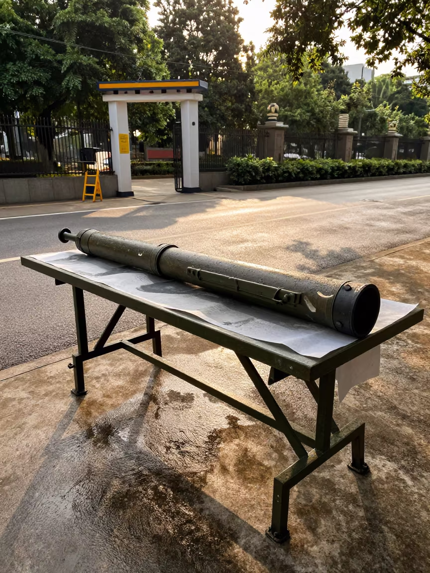 Mortar Tube Cleaning Table in Dappled Light in at a checkpoint lane near Changsha