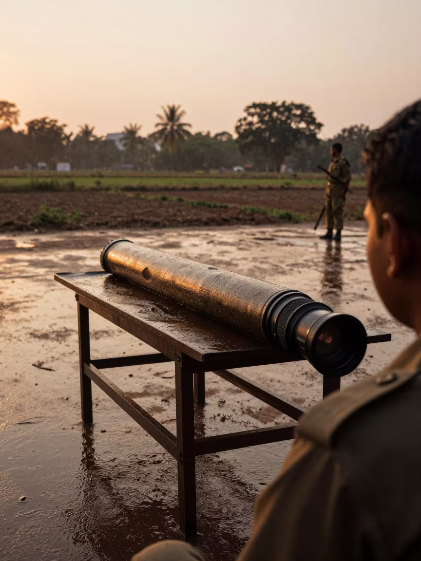 Mortar Tube Cleaning Table in Evening Light in on a parade ground near Madurai