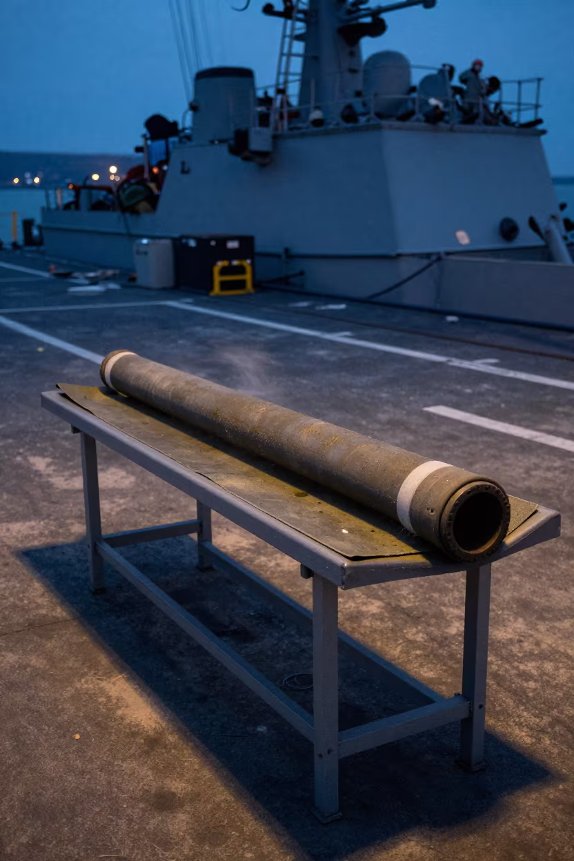 Mortar Tube Cleaning Table on Naval Deck in on a naval deck in rough wind in Serbia