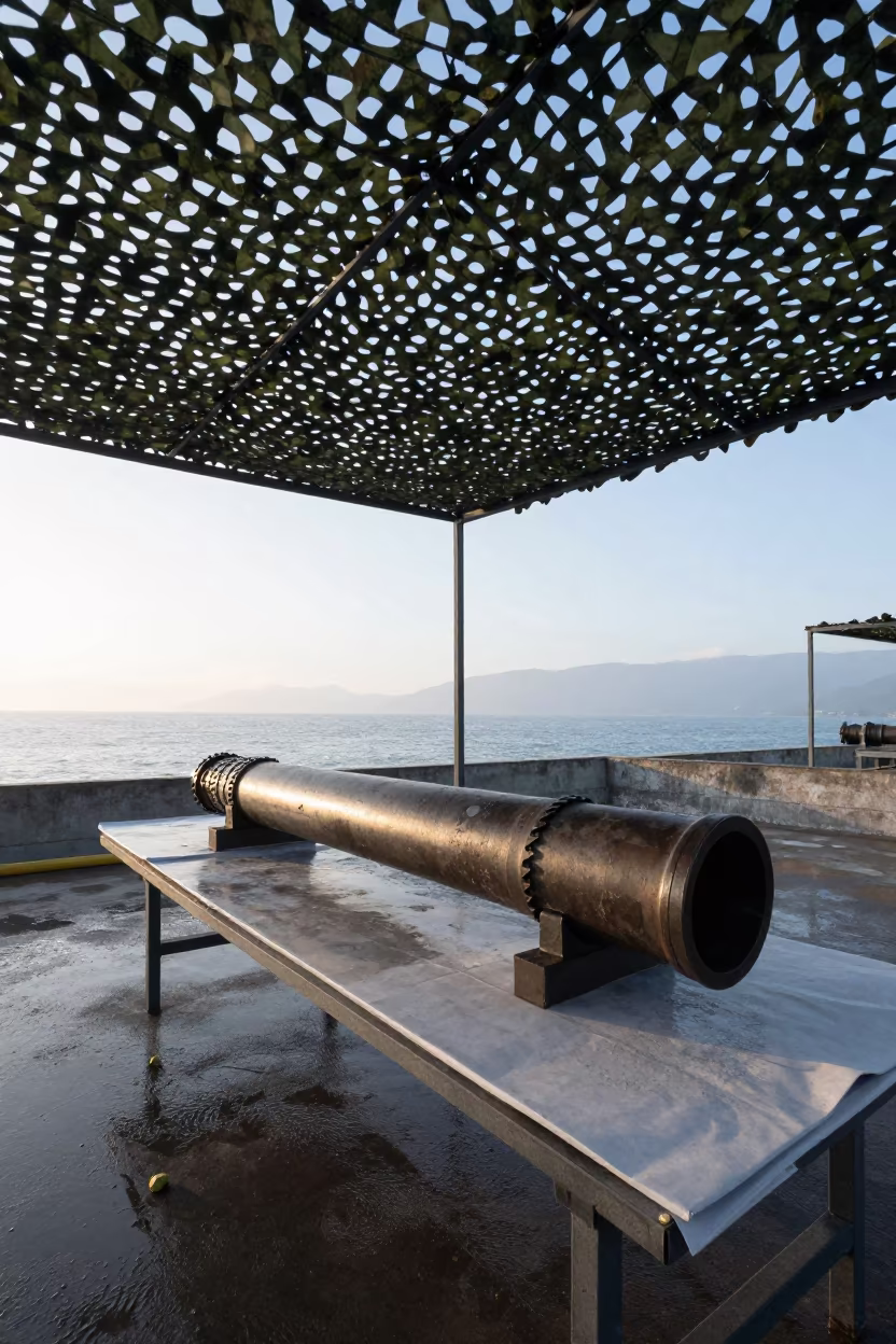 Mortar Tube Cleaning Table Under Camouflage Net at Dawn in beneath a camouflage net shelter in Caracas