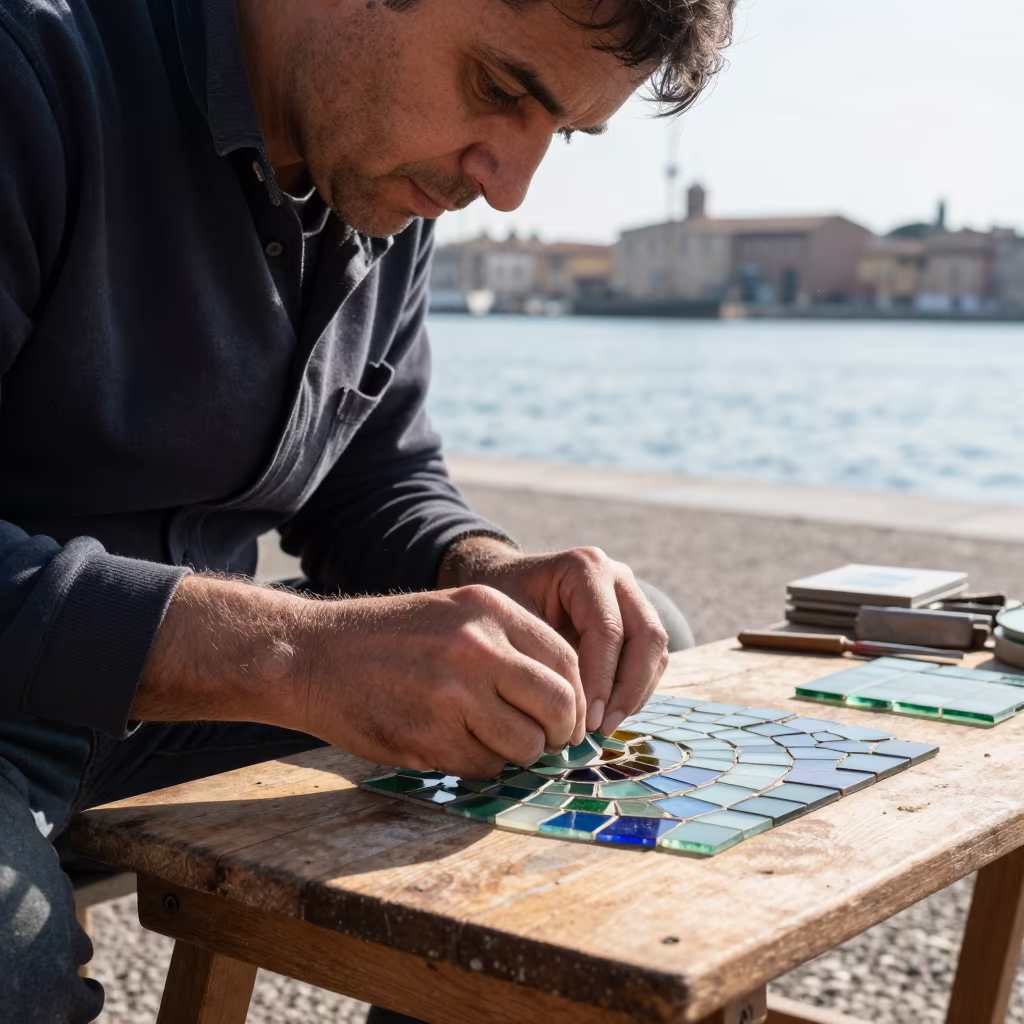 Mosaic Artisan Face Close-Up Bologna Harbor in at a harbor edge in Bologna