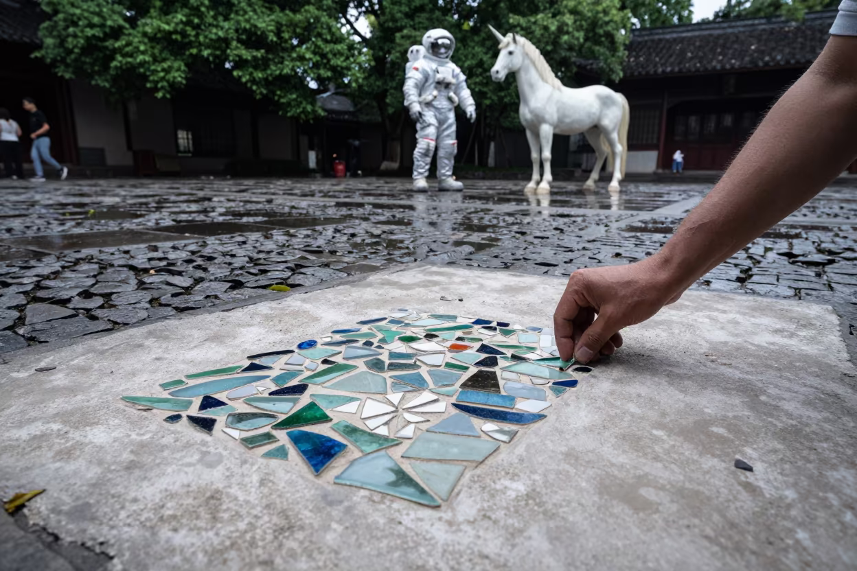 Mosaic Artist and Astronaut Unicorn in Hangzhou in at a public square in Hangzhou