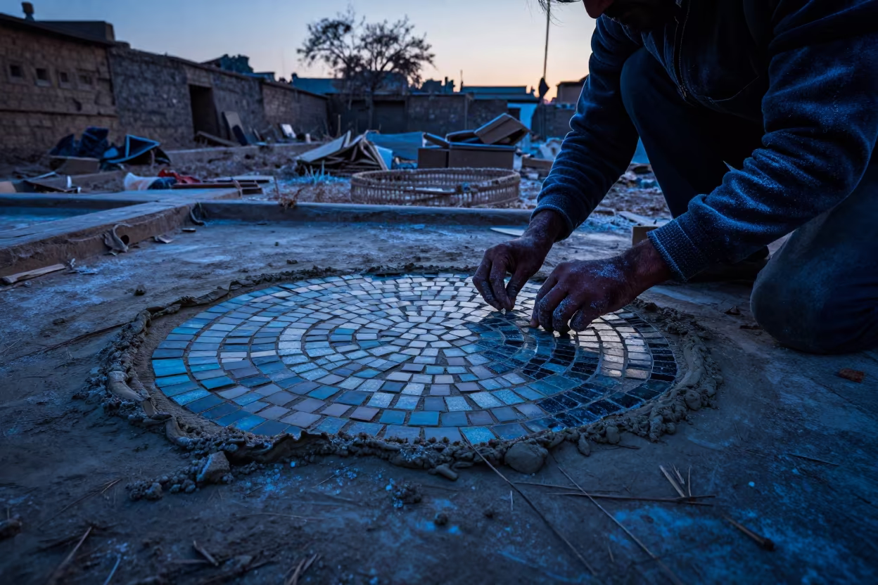 Mosaic Artist Sets Tessera in Dry Season Light in near Ludhiana