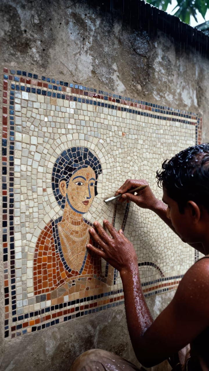 Mosaic Artist Setting Tessera in Cuddalore in in Cuddalore