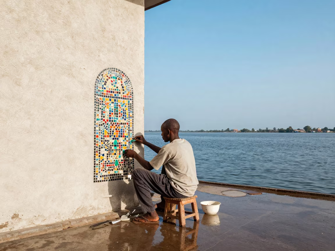 Mosaic Artist Setting Tessera at Jinja Harbor in at a harbor edge in Jinja