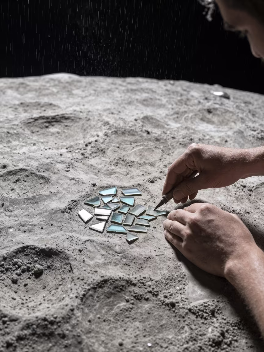 Mosaic Artist Setting Tessera on Moon Surface in in Larissa