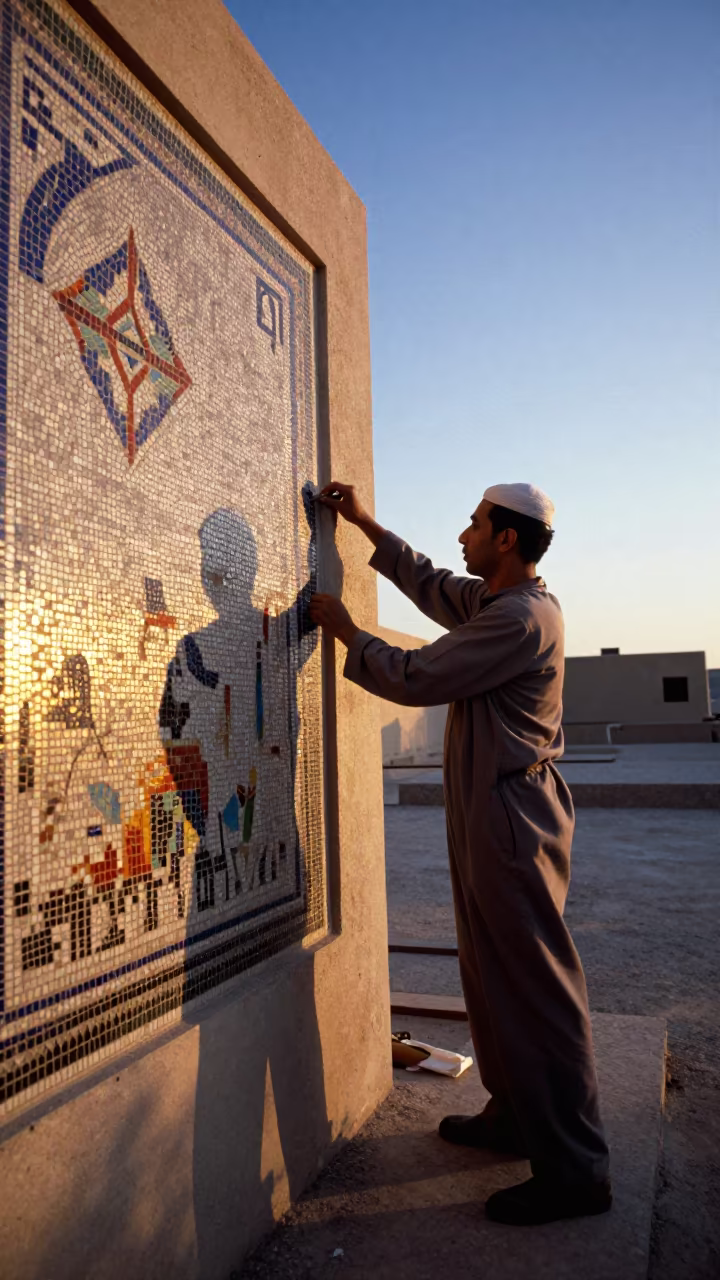Mosaic Artist Setting Tessera in Riyadh Golden Hour in in Riyadh