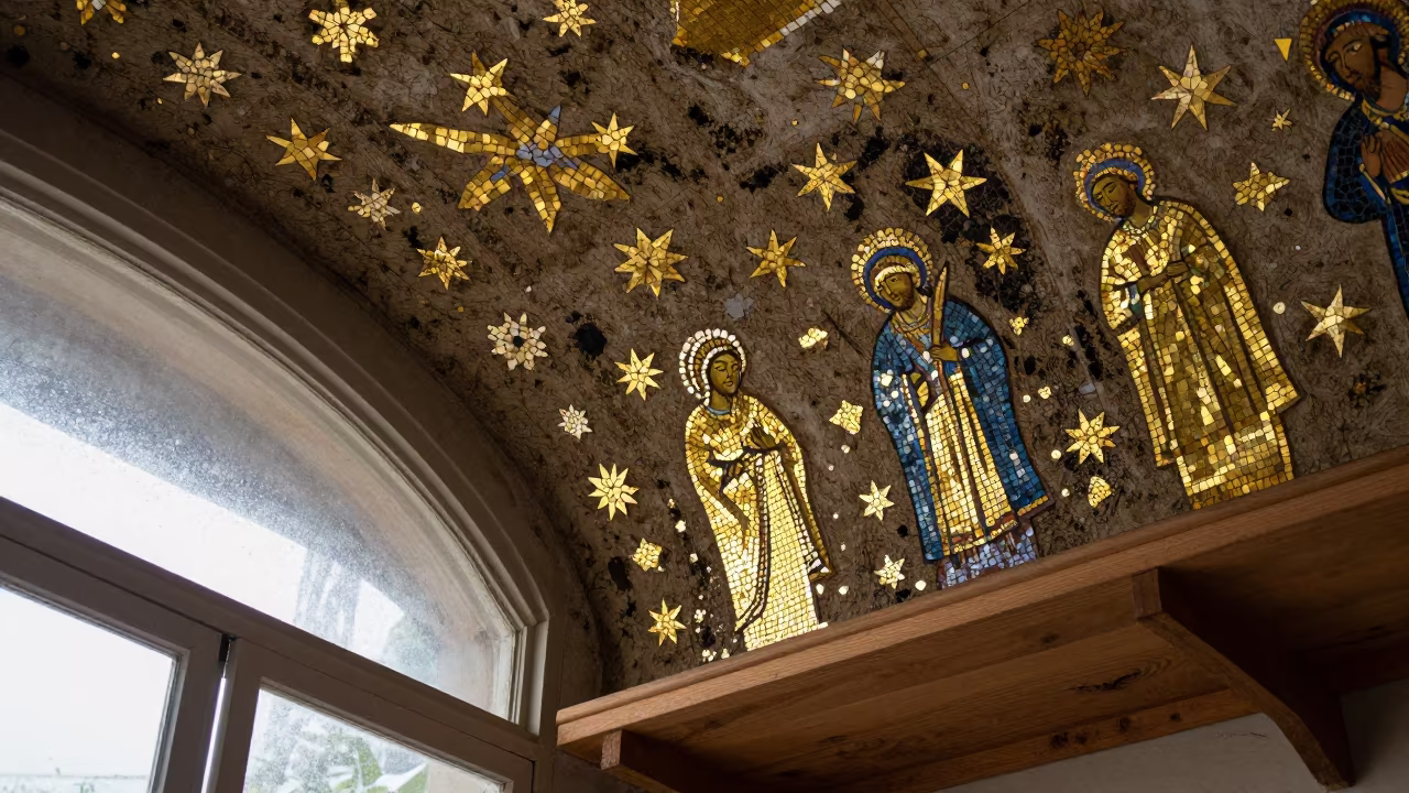 Mosaic Ceiling Stars Saints Gold Tesserae Shelf in on a workshop shelf in Bandung