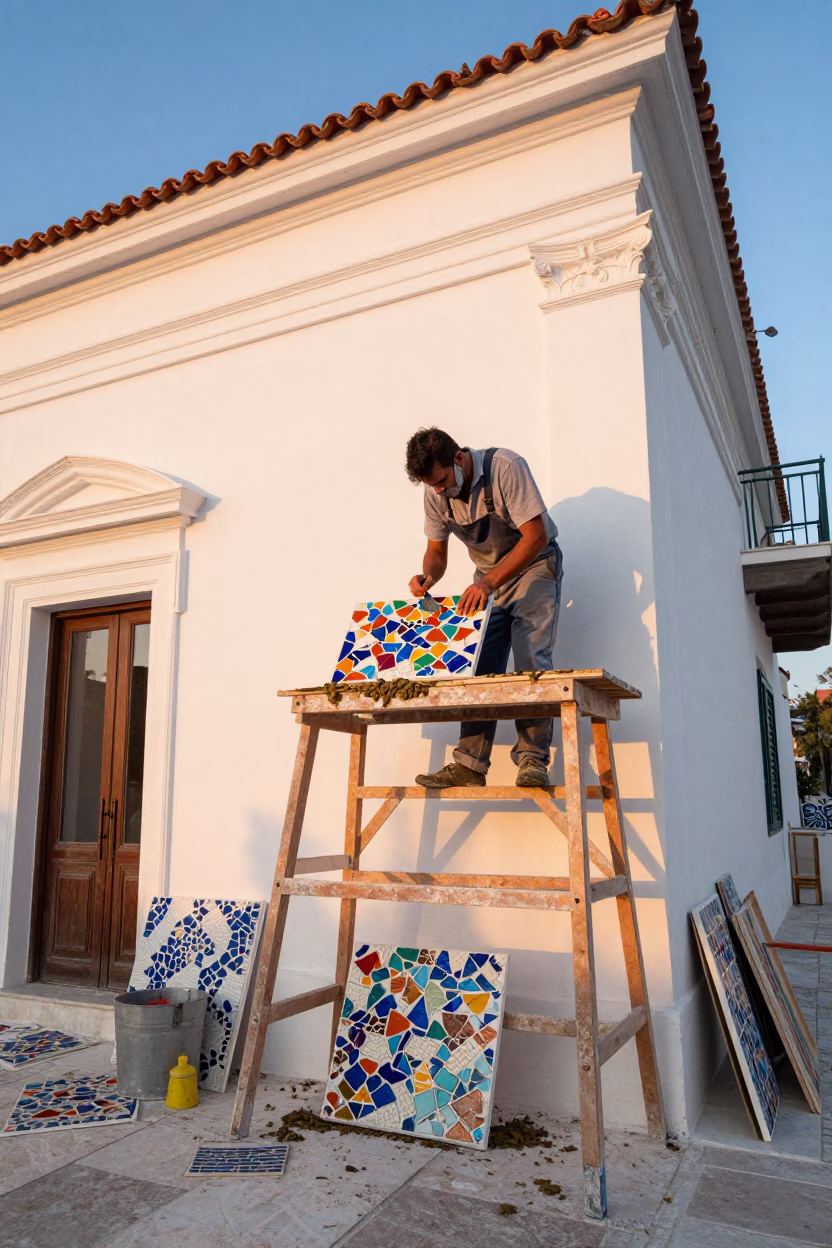 Mosaic Tile Workshop in Athens Greece with Mason Tools and Evening Light in in Athens, Greece