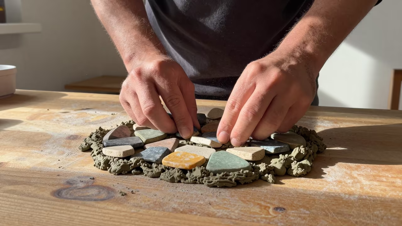 Mosaicist Pressing Stone Tiles into Wet Mortar in on a writing desk in La Banda, Santiago del Estero