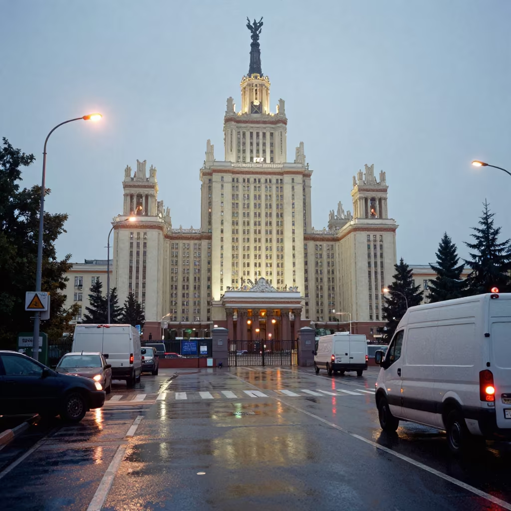 Moscow Courthouse Ringed by Trucks in Twilight Mist in at a crosswalk by a school gate in Gorky Park, Moscow