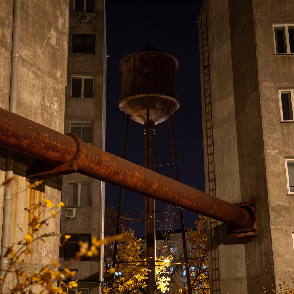 Moscow District Heating Pipe Night Rim Light in beside a water tower ladder in Patriarch Ponds, Moscow