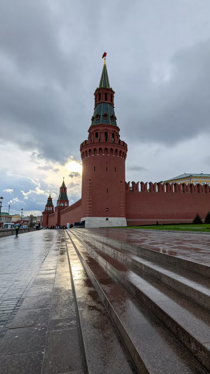 Moscow Fortress Tower Steps Storm Sky in outside a wind-scoured fortress wall in Moscow