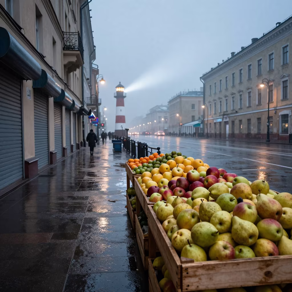 Moscow Fruit Stand Dawn Gray Night Sweep in along a shuttered arcade in Moscow