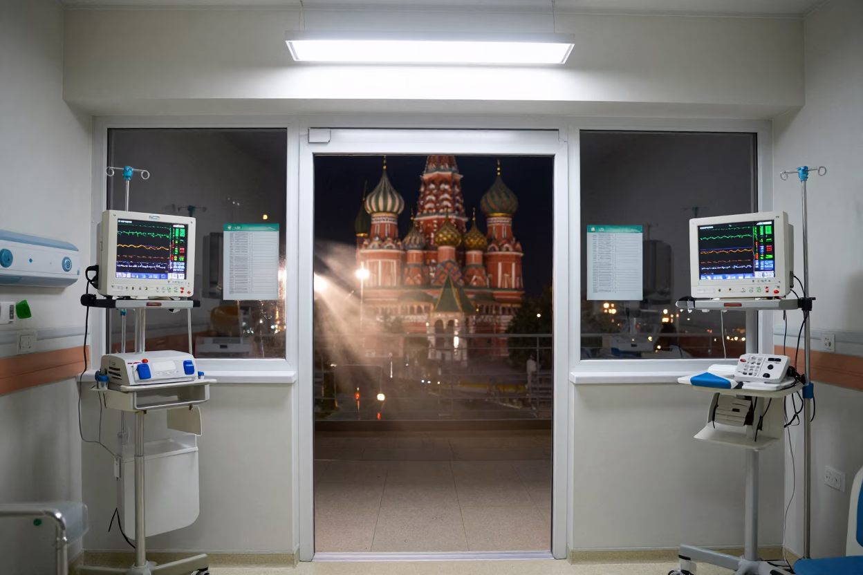 Moscow ICU Room Night with Monitor Glow in inside a clinic exam room near Arbat, Moscow