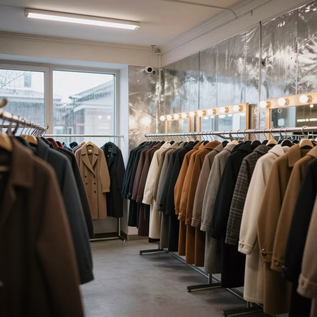 Moscow Outerwear Showroom with Zinc and Fluorescent Light in beside a mirror lined with makeup bulbs in Moscow