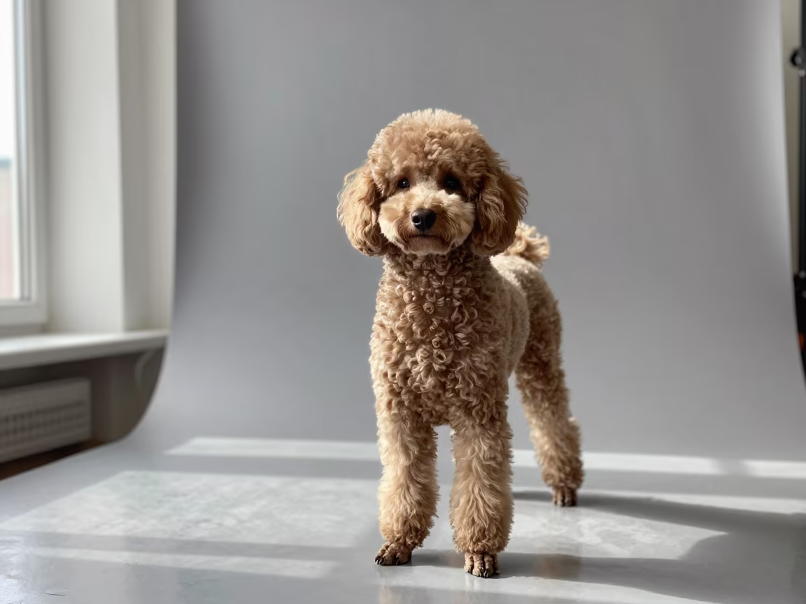 Moscow Poodle Portrait in Late Summer Light in in a quiet portrait studio with a plain backdrop and eye-level framing in Moscow