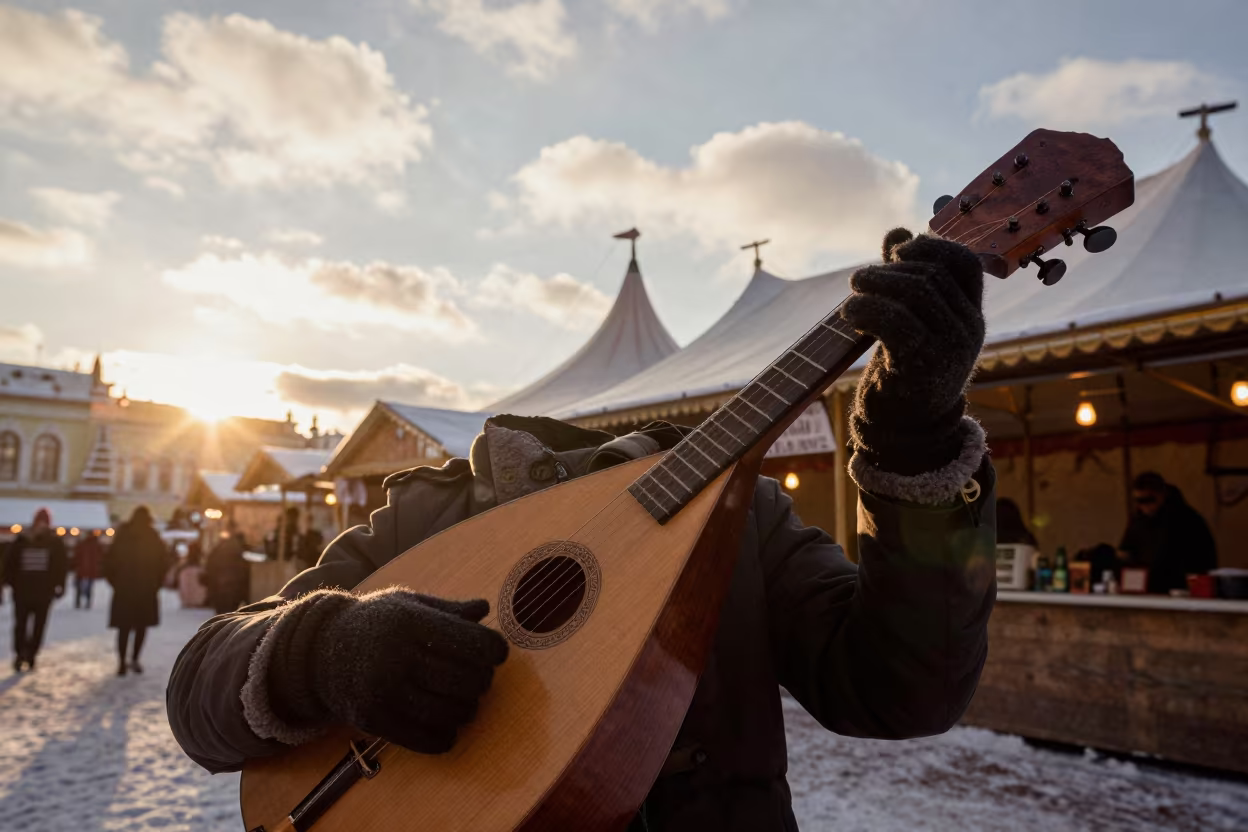 Moscow Winter Market Balalaika Player in under a circus tent in Arbat, Moscow