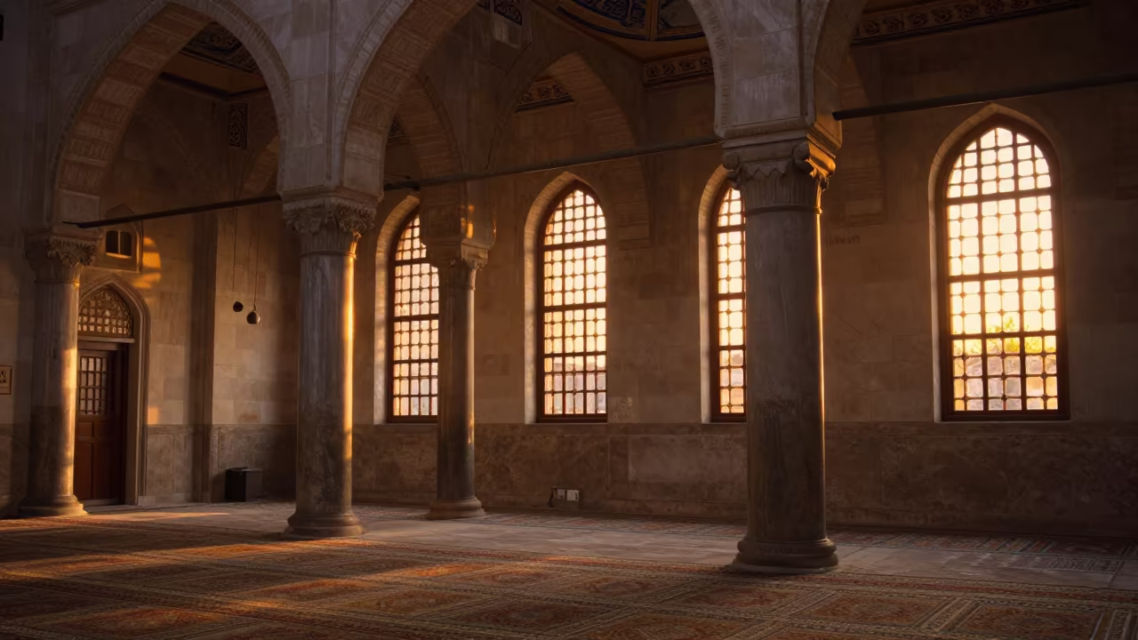 Mosque Arcade Sunset Honey Light Cairo in in a mosque prayer hall in City of the Dead, Cairo