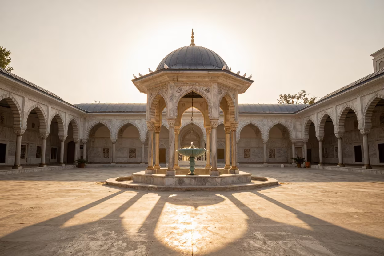Mosque Fountain Courtyard with Doves at Golden Hour in beneath a pagoda roof in Australia