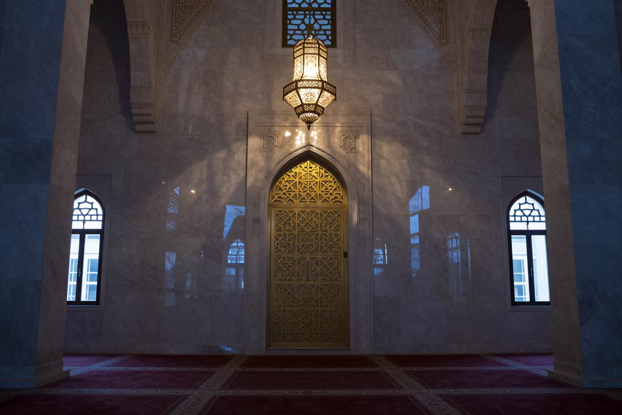 Mosque Mihrab Niche Under Hanging Lamp in inside a candlelit nave in Downtown, Dubai