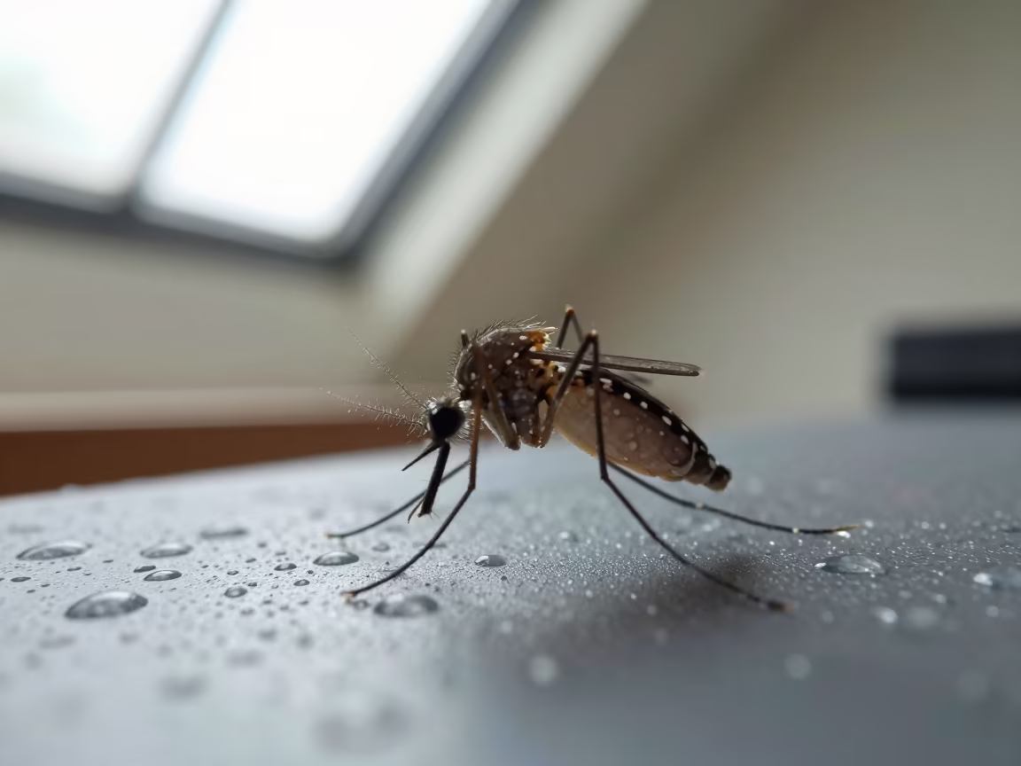 Mosquito Proboscis Profile Rain Beads in across a rain-beaded metal surface in Praia