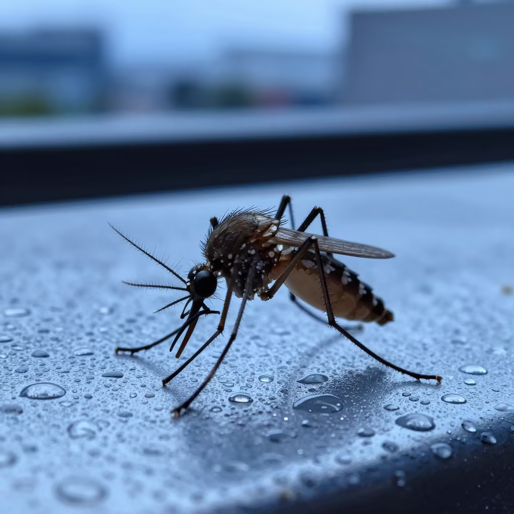 Mosquito Proboscis Profile Winter Twilight Kobe in across a rain-beaded metal surface in Kobe