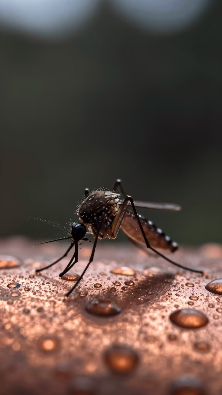 Mosquito Proboscis on Rainy Metal Medina in across a rain-beaded metal surface in Medina