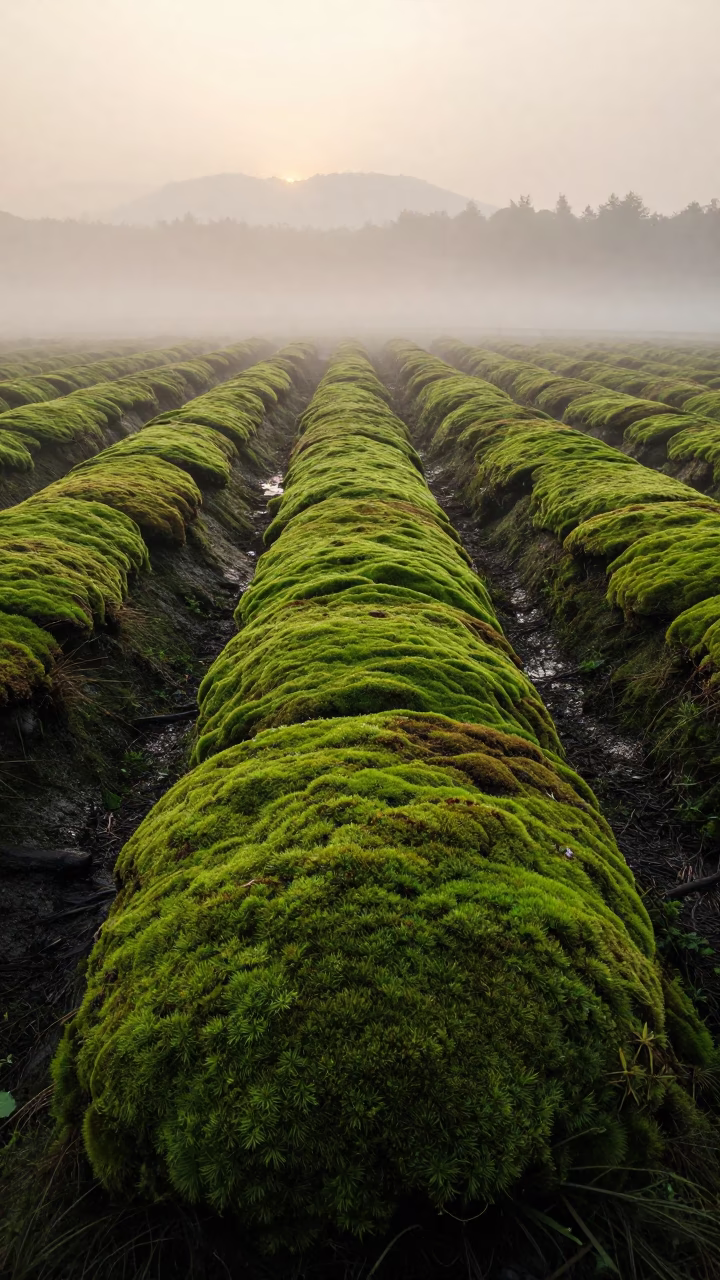 Moss Carpet in Misty Terraced Garden Near Chongqing in among terraced garden plots near Chongqing