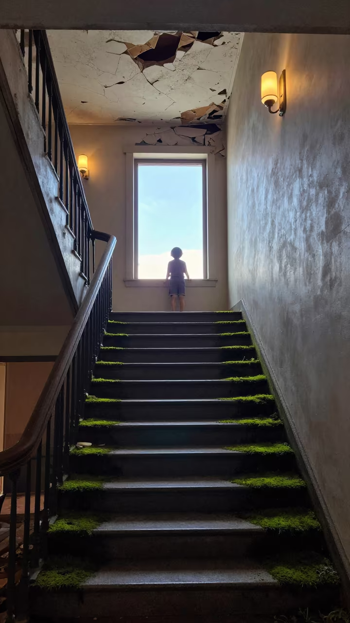 Moss Carved Staircase in Nevada Desert Lobby in inside a collapsed lobby under broken plaster in Nevada
