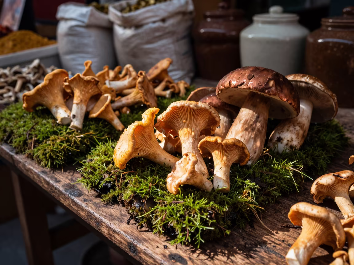 Moss-Covered Chanterelles and Porcini in Havana in at a spice vendor's table in Havana