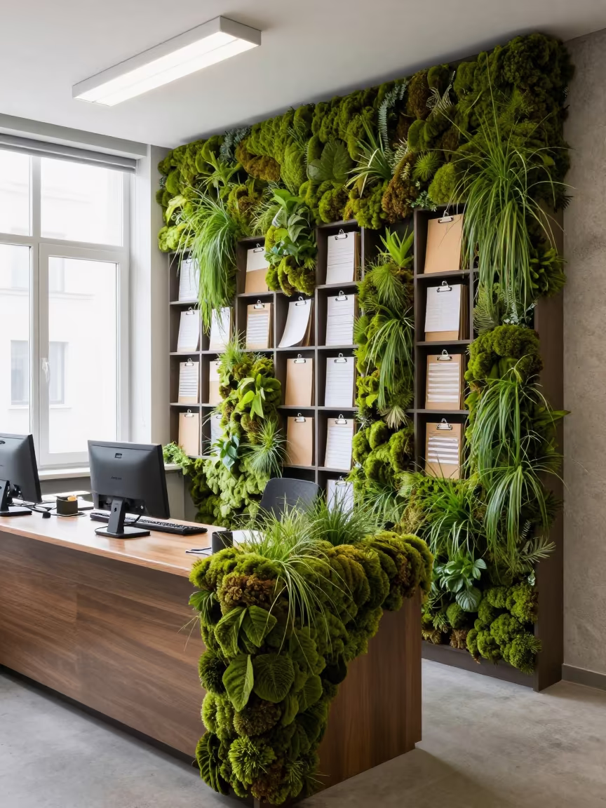 Moss Covered Clipboard Wall in Wałbrzych Office in at an office reception desk near Wałbrzych